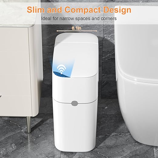 MUEE Automatic Motion Sensor Bathroom Trash Can with Lid 3 Gallon Smart Garbage Can Touchless Trash Can Slim Small Trash Bin Waterproof Waste Basket for Toilet Bedroom Office Kitchen Living Room RV