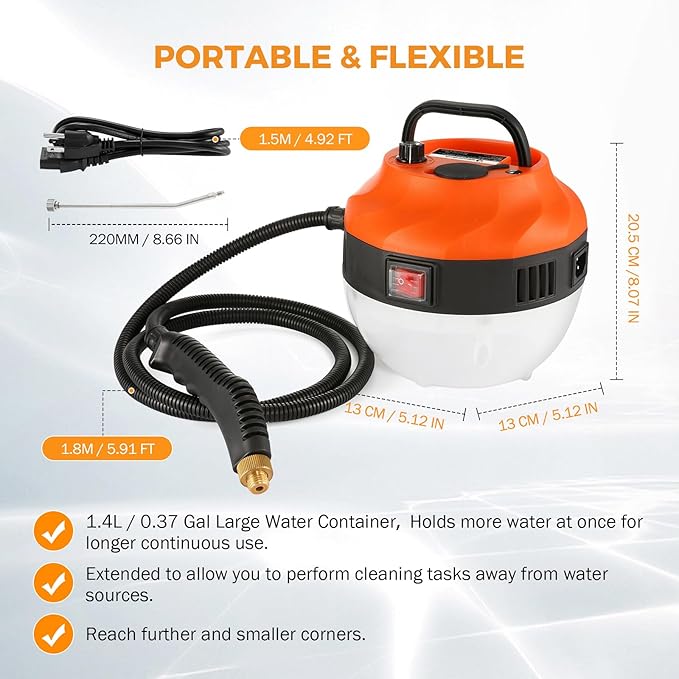BEAMNOVA Power Car Steamer for Auto Detailing High Pressure Handheld Steam Cleaner with 1.4L 0.37Gal Water Tank 2500W Portable Electric Steam Cleaning Machine Home Use Kitchen Floors Tools