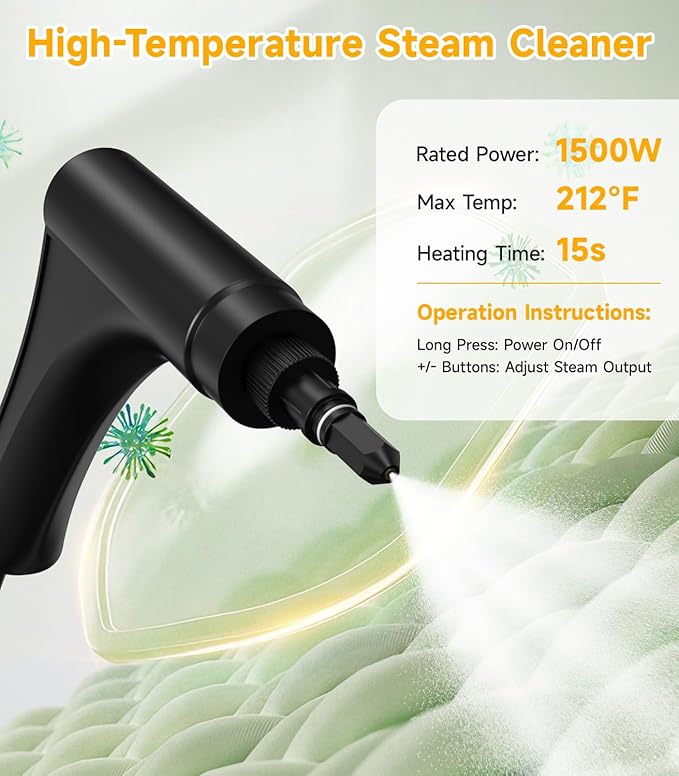 Portable Handheld Steam Cleaner 1500W High Pressure Steamer 15s Instant Heat 6-Level Handle 1.7L Tank 15PCS Accessories for Home Kitchen Grease Car Detailing