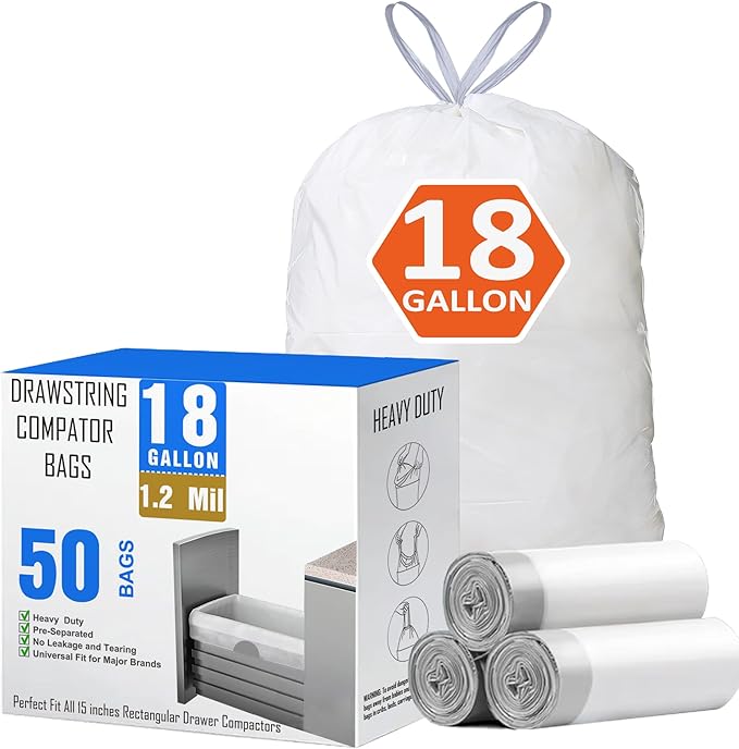 18 Gallon Drawstring Compactor Kitchen Trash Bags 50 Count 1.2 Mil Heavy Duty Garbage Bags Fit for 18 Gallon &amp Most Kitchen Compactors Compatible with Kitchenaid Whirpool GE 15 Inch Compactors