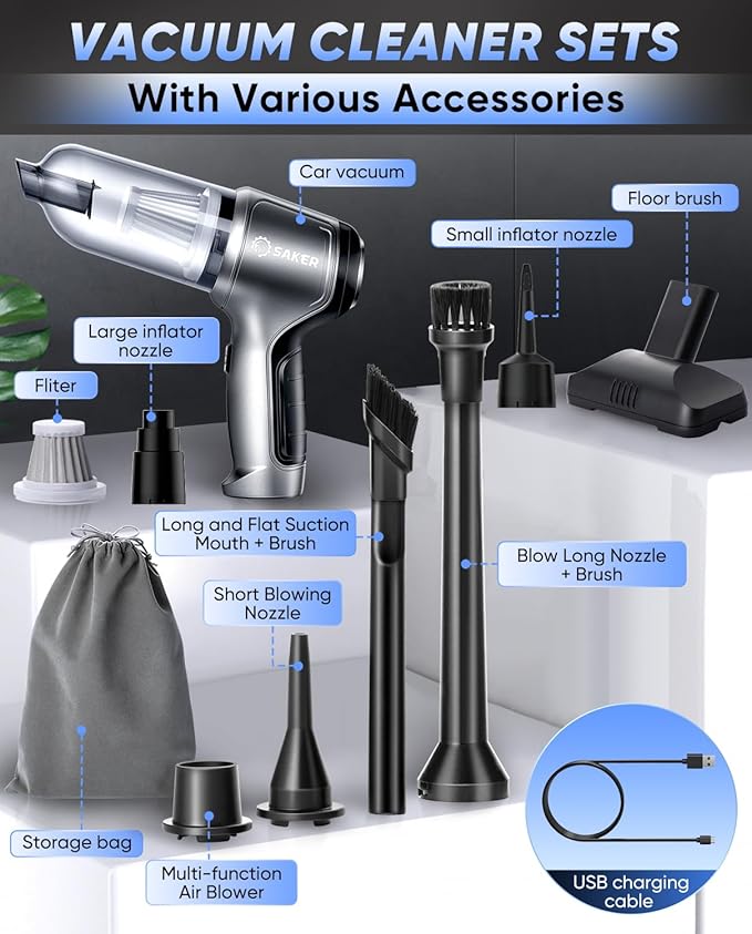 Saker Car Vacuum Portable Cordless Handheld Car Vacuum 15000PA High Power with Brushless Motor and Blower for CarsOfficeHome Cleaning HL107B