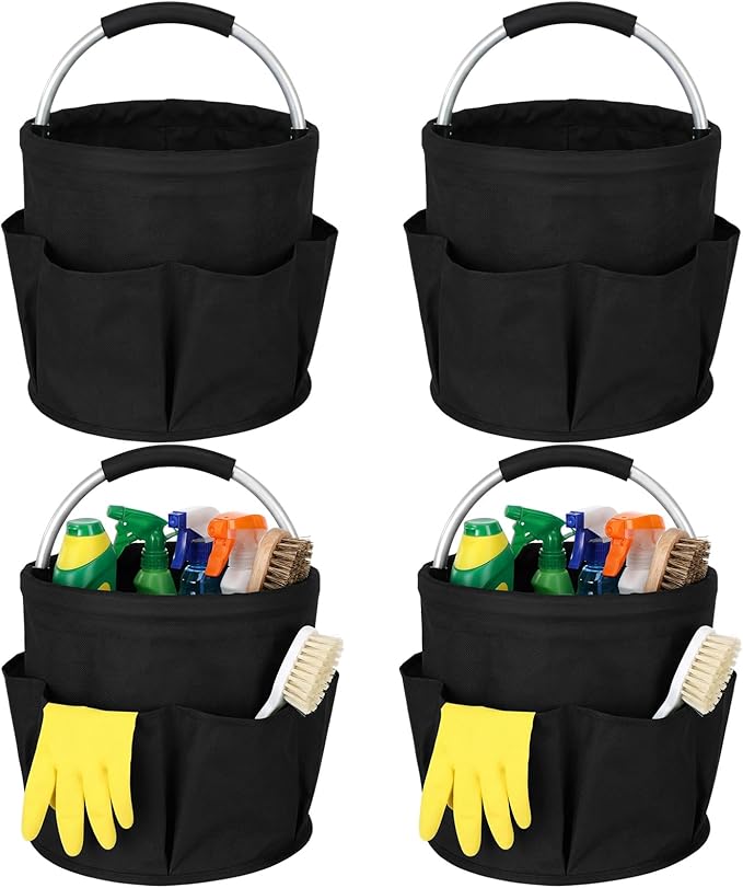 LemonRoad 4 Pack Cleaning Caddy with Handle 17L Foldable Cleaning Supplies Organizer Oxford Cloth Storage Basket with 6 Pockets &amp Soft Grip Portable Multi Bucket Bag for Home Garden (Black)