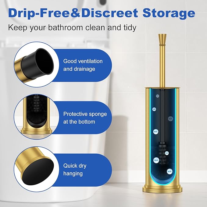 Toilet Brush and Holder Set：304 Stainless Steel Heavy Duty Toilet Bowl BrushRemovable Inner Bowl and Splash ProtectionBathroom Toilet Brush-Dense Bristles for Through Cleaning
