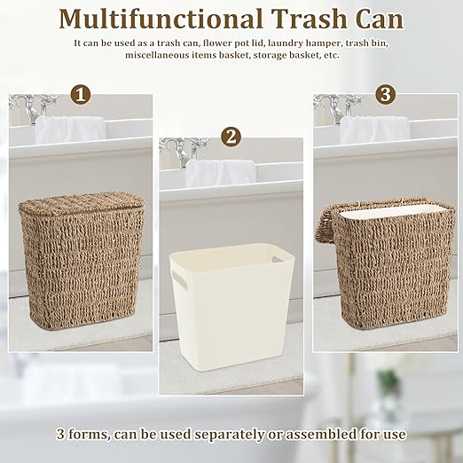 Wicker Waste Basket with Lid and Liner Woven Seagrass Trash Can Bathroom Trash Can Boho Garbage Wastebasket for Bedroom Home Living Room Office Kitchen 2.5 Gallon