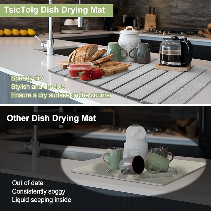 Grey Stone Drying Mat for Kitchen Counter Foldable 24 x 16 Diatomaceous Earth Dish Drying Mat Quick-Dry and Absorbent Mat for Dishes Bottles Cups Bathroom or Countertops