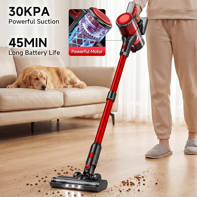 Cordless Vacuum Cleaner for Home - Lightweight Stick Vacuum Clean with Rechargeable Battery Max 45Mins Runtime 8 in 1 Handheld Vacuum for Hardfloor &amp Carpets Pet Hair Red&ampBlack