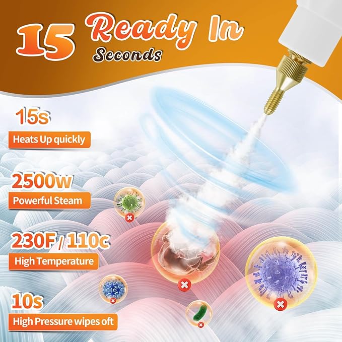 2500W Handheld Steam CleanerSteamer for Cleaning15SFast Heating High Pressure Portable Steam Cleaner w/5 Brushes and Extended Rod (White)