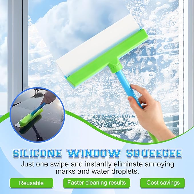 Window Cleaning Kit Window Squeegee Recyclable Silicone Window Squeegee Kit 3 in 1 Glass Cleaning Tool with Rotatable Rubber Microfiber Scrubber (1 Set)