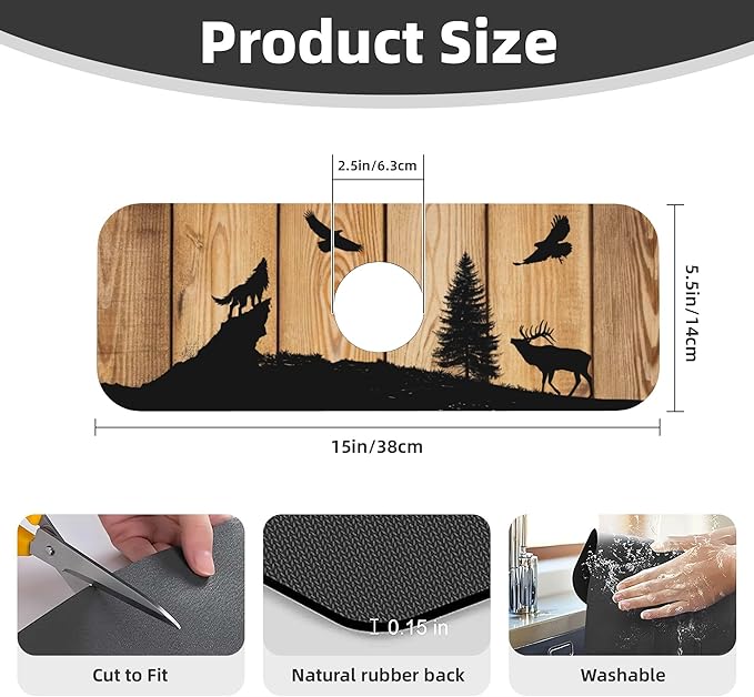 Retro Rustic Wolf Deer Forest Brown Wood Dish Drying Mat for Kitchen Counter 16x18 Microfiber Absorbent Fast Dry Mat 2Pcs Dish Mat Faucet Mats Sets Large Drying Kitchen Mat Kitchen Drying Pad