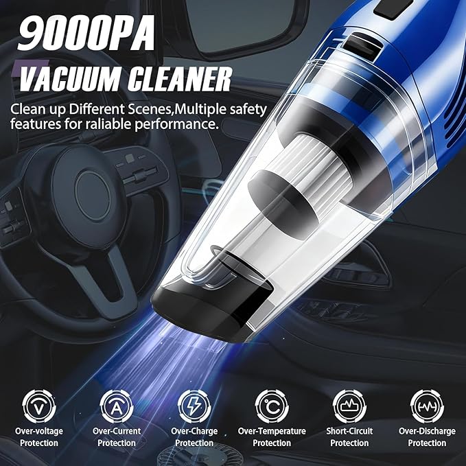 Car Vacuum Portable Cordless – 9000PA Strong Suction Lightweight &amp Rechargeable – Includes Multi-Nozzle Attachments for Car Home Office and Pet Hair – Compact &amp Powerful Azure Vacuum