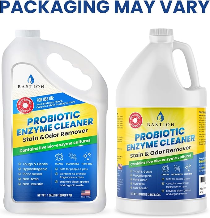Bastion Probiotic Enzyme Cleaner - Professional Strength Solution -One Gallon- Natural Bio-Enzymatic Stain &amp Odor Remover - No Rinse Formula - Dye Free (Packaging May Vary)