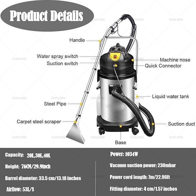 Carpet Upholstery Cleaner Carpet Cleaner Machine Deep Cleaner Commercial Carpet Cleaning Machine With Water Vacuuming Head&ampRound Brush 1049w 230mbar Suction Swith 22.97ft Cord And Wheels 40L