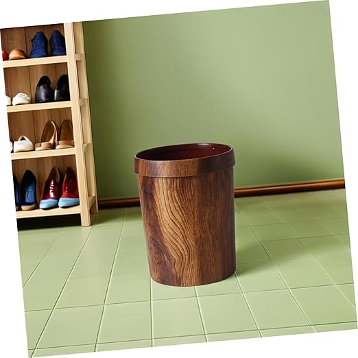 Healifty Vintage Style Plastic Wood Pattern Garbage Bin with Pressure Ring Wastebasket for Home Bedroom Bathroom and Office Space Saving Creative Container Design