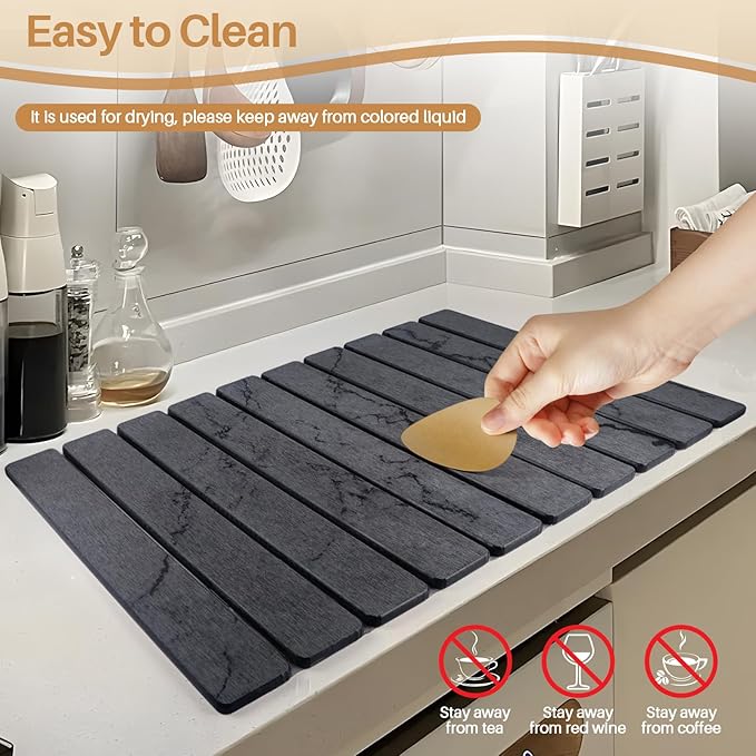 2 PCS Quick Dry Stone Dishes Mats for Kitchen CounterCollapsible Quick Drying Dish MatsUltra Absorbent Diatomaceous Earth Mats for Dishes Bottles Cups Match Any Countertop（Gray 24×16&amp 8x4）