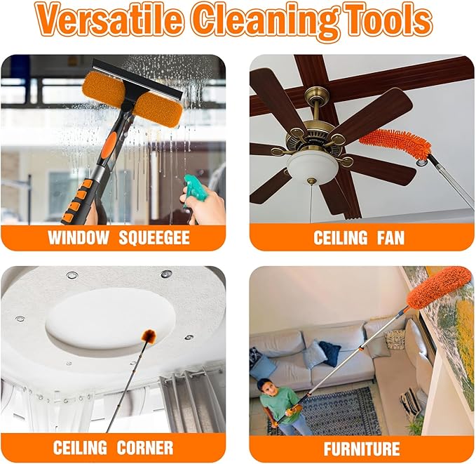 20FT High Reach Duster Cleaning Kit with Extension Pole High Ceiling Fan Cleaner Duster Tool for Fan Blades Window Washing Kit with Microfiber Feather Duster &amp Window Squeegee &amp Bucket