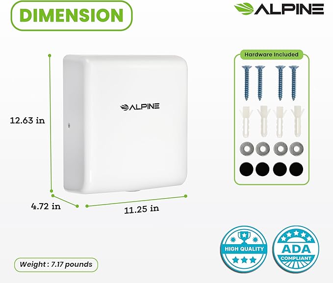 Alpine Commercial Hand Dryer with HEPA Filter 8 Seconds Extreme Speed Electric Hand Dryer for Home Bathroom/Restaurant with Heat &amp Speed Control - ADA Compliant (120V White)