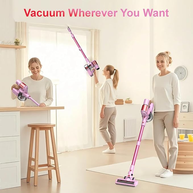 Pink Cordless Vacuum Cleaner 45Kpa/550W/60 Mins Runtime Stick Vacuum with Self-Standing and Touch Screen Anti-Tangle Wireless Vacumm Vacuum Cleaners for Home/Pet Hair/Carpets/Floors