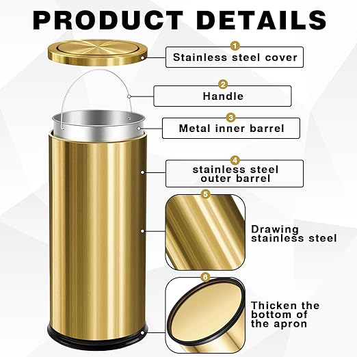 Maxdot 2 Pcs 8 Gallon/30 L Gold Bathroom Trash Can with Flip Lid and Toilet Brush Set Large Luxury Stainless Steel Garbage Trash Can Wastebasket Bin for Commercial Office Hotel Bathroom Shopping Mall