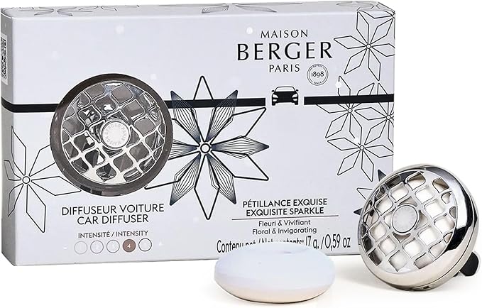 Maison Berger Car Diffuser Set Rosalie Exquisite Sparkle – Refillable Vent Clip with Ceramic Refill Passive Diffusion Festive Fresh Scent Made in France Luxury Auto Scent - 4-Week Diffusion