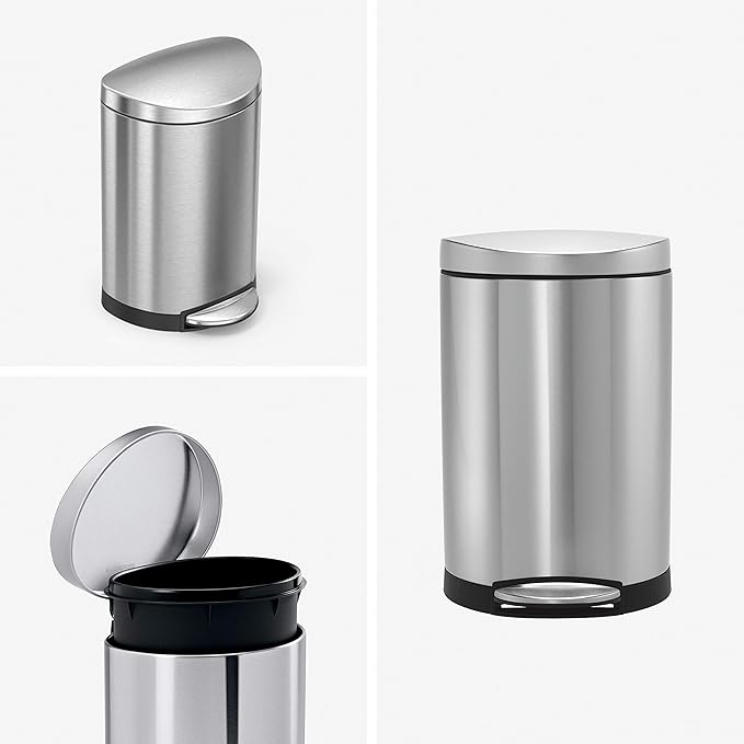 simplehuman 6 Liter / 1.6 Gallon Semi-Round Bathroom Step Trash Can Brushed Stainless Steel &amp Code A Custom Fit Drawstring Trash Bags 4.5 Liter / 1.2 Gallon 90 Pack White 90 Count