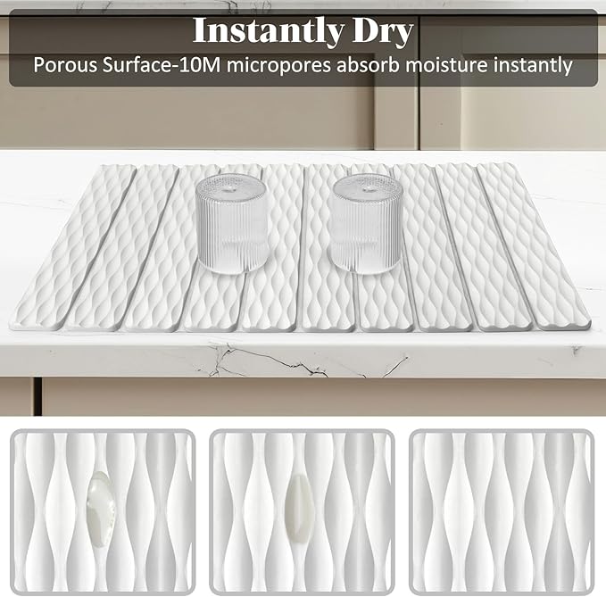 Stone Dish Drying Mats for Kitchen Counter 24(L)×16(W) Wave - Pattern Fast Drying Collapsible Dish Drying Mat Eco-Friendly Absorbent Diatomaceous Earth Mats for Match Any Countertop