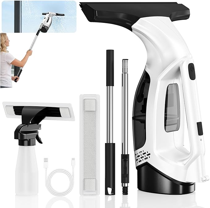 Aixiqee Window Vacuum Squeegee with Extendable Pole 31-40 2000Pa Electric Window Cleaning Tool with 2200mAh and 150ml Dirty Water Tank Long Handle Squeegee for Shower Glass Window Cleaning (White)