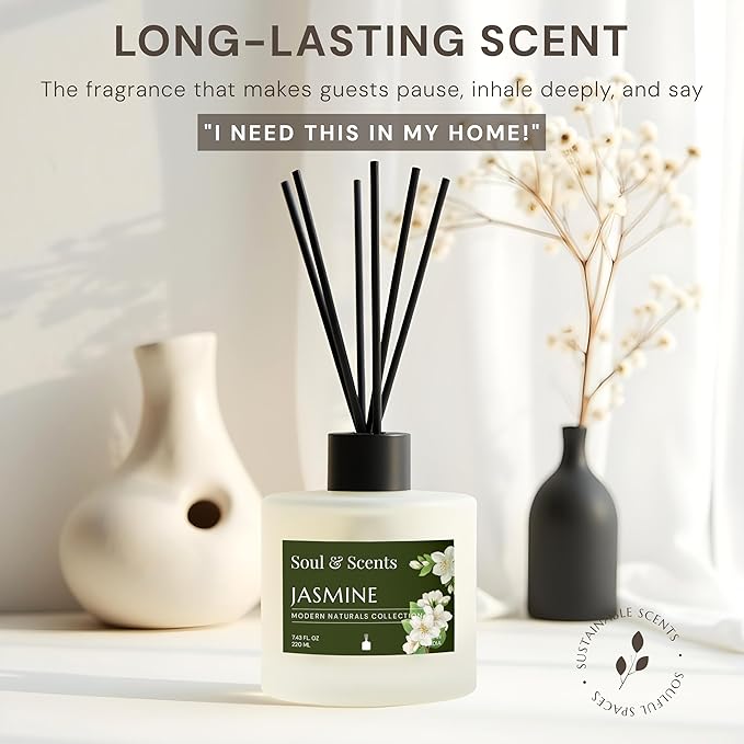 Soul &amp Scents Reed Diffuser Set – Jasmine | 7.43 oz Refillable Scented Oil with 6 Fiber Sticks | Long-Lasting Home Fragrance &amp Air Freshener for Bedroom Bathroom Office | Gift &amp Décor Pi
