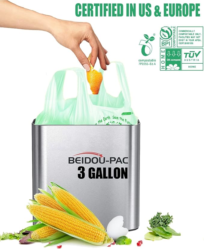 100% Compostable Trash Bags 3 Gallon Compost Bags Small Kitchen Trash Bags with Handle 200 Count Sturdy Biodegradable Garbage Bags Food Scrap Waste Bags ASTM D6400 US BPI Certified