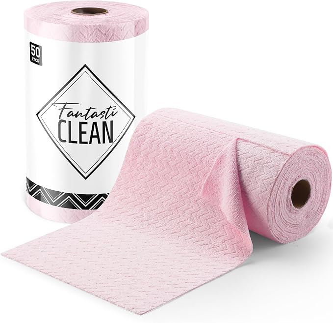 Fantasticlean Microfiber Cleaning Cloth Roll 16 x 12- 50 Sheets Reusable Tear Away Microfiber Towels Ultra Absorbent Dish Rags for Car Home or Office (Pink Ripple)