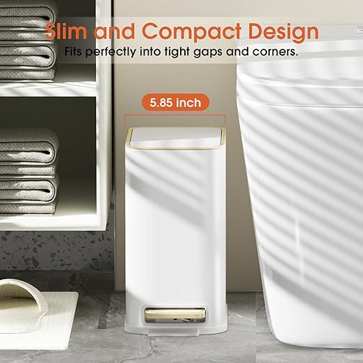 Small Bathroom Trash Can with Lid Soft Close 5L / 1.3 Gallon Slim Garbage Can with Removable Inner Bucket Step Stainless Steel Trash Bin for Office Bathrooms Bedroom Living Room (White)
