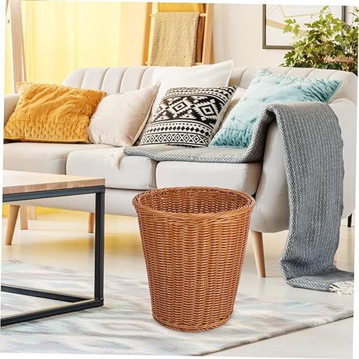 ABOOFAN Rattan Woven Trash Can No Lid Household Wastebasket for Kitchen and Bathroom Imitated Rattan Style Sturdy and Stylish Waste Container