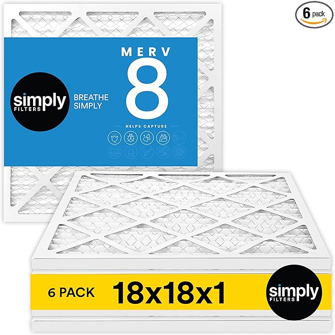 Simply 18x18x1 Air Filter Merv 8 6 Pack For Home AC Furnace &amp HVAC (Actual Size: 17.75x17.75x0.75) DUST Pet &amp Allergy Control