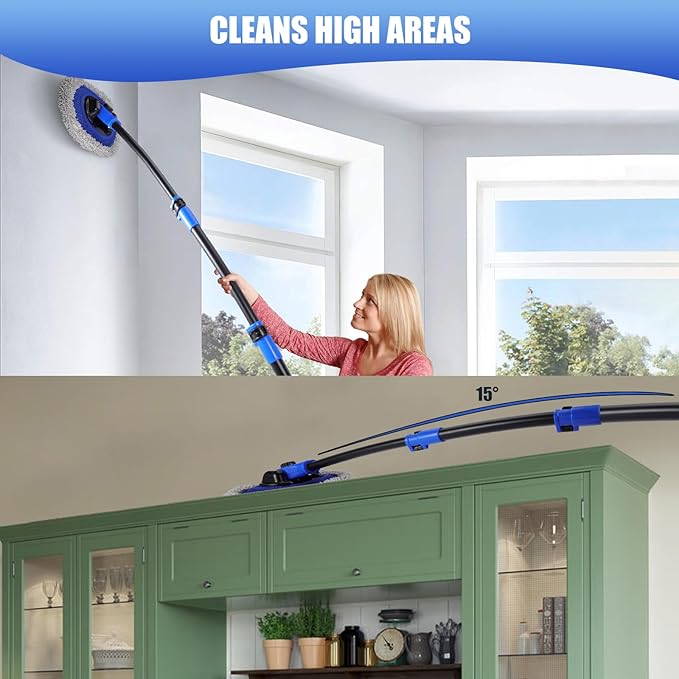 Wall Cleaner Mop Washer Mops with Long Handle for Cleaning Walls Baseboard Window High Cabinet Ceiling Floor 15°Bend Labor-Saving Microfiber Dry Dust and Wet Wash Cleaning Mop with Replacement Pad