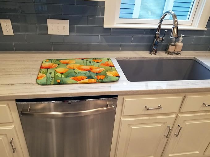 Caroline's Treasures DAC1630DDM California California Poppies in Watercolor Dish Drying Mat Absorbent Dish Drying Mat Pad for Kitchen Counter Dish Drainer Mat for Countertop 14 x 21 Multicolor