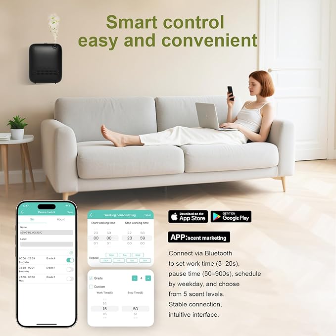 Waterless DiffuserWireless Essential Oil Battery Operated2000 Sq FtSafety LockQuietBluetooth AppHotel Home Collection Scent Machine - Black