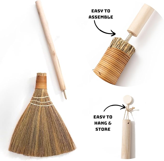 Handmade Vietnamese Straw Broom Single Handle – Free Halloween Decoration Set Witch Broom for Costume Haunted House &amp Indoor Decor Soft Grass Whisk Broom for Sweeping or Display