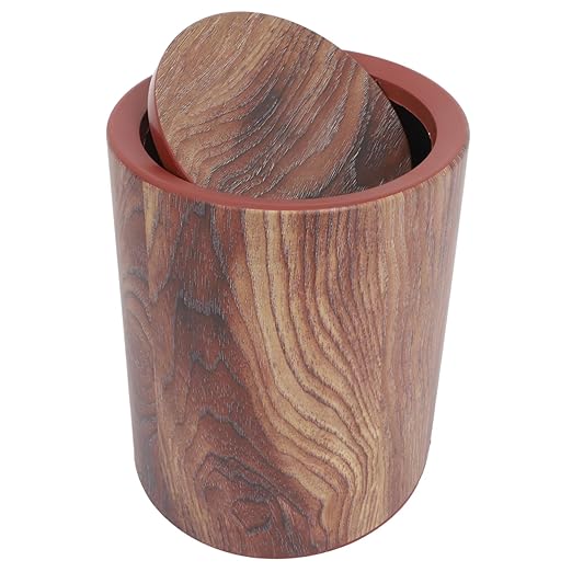 ABOOFAN Wood Grain Round Trash Can with Flip Lid Medium Capacity Garbage Bin for Home Use Compact Wastebasket for Living Room Kitchen and Bathroom Management