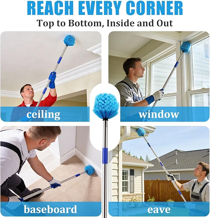 Duster Cobweb Duster with Extension Pole Medium Stiff Bristles Cobweb Duster Head &amp 6-Feet Stainless Steel Pole Ceiling Fan Duster for Outdoor Indoor Cleaning