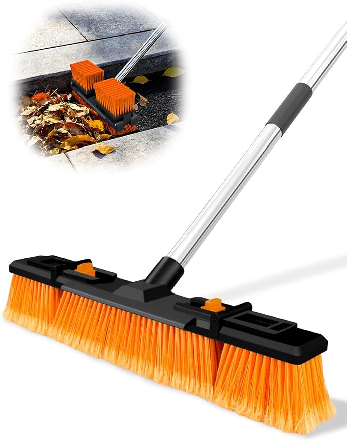 18.5/47cm Adjustable Head Push Broom for Outdoor 57/145cm Thickened Stainless Steel Handle Ergonomic Shop Broom Stiff Bristle Heavy Duty Industrial Concrete Garage Patio Garden Yard Deck Driveway