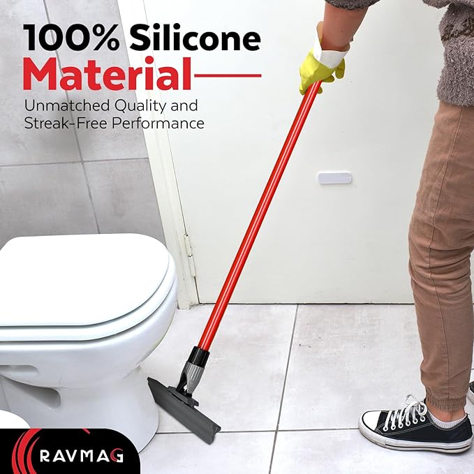 Silicone Floor Squeegee with 55-Inch Long Handle 12-Inch Single Cast Silicone Blade 360° Swivel Joint - Multifunction Floor Squeegee for Garage Concrete Floor Shower Floor Glass Windows