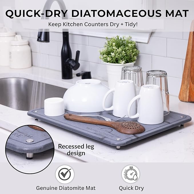 MATMOSPHERE Stone Drying Mat For Kitchen Counter Large Natural Dish Drying Mat Quick Drying And Fast Absorbing Sustainable Kitchen Accessories USA-Owned Business (Gray Marble 18 x 14)