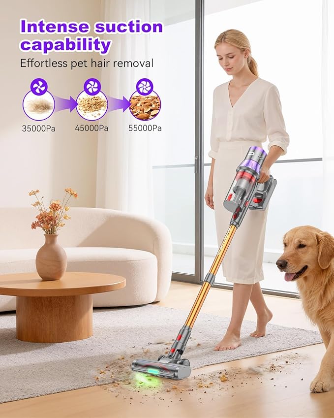 YU7 Max Cordless Vacuum Cleaner 600W 70Min 55kPa Powerful Suction Stick Vacuum Anti-Tangle Touch Screen Self-Standing Lightweight Wireless Vac for Home Pet Hair Carpet Hard Floors