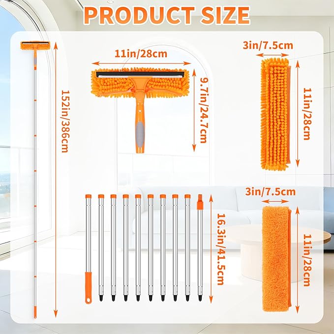 152’’/ 109 Squeegee Window Cleaner 2 in 1 Rotatable Window Cleaning Tool Kit Window Washing Kit with Extension Pole for Indoor Outdoor High Window Car Glass