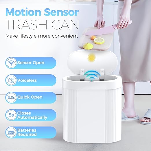2 Pack 5 Gallon Bathroom Trash Can with Lid Automatic Motion Sensor White Trash Can Touchless Slim Waterproof Garbage Bin for Kitchen Bedroom Office and Bathroom
