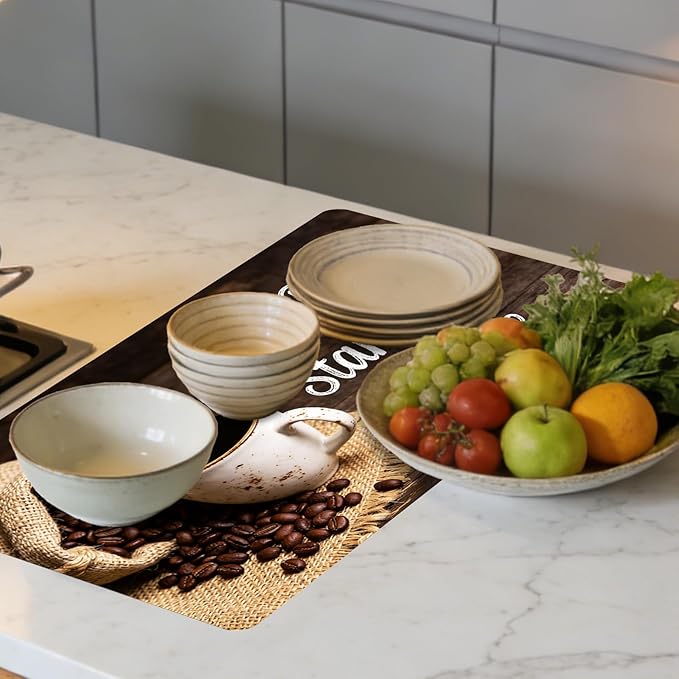 Nuxovilar Coffee Bar Mat Rustic Quote Pattern Dish Drying Pad Natural Rubber Canvas 16.92 x 31.1 inchs Coffee Accessories Counter Surface Kitchen Beverage Area
