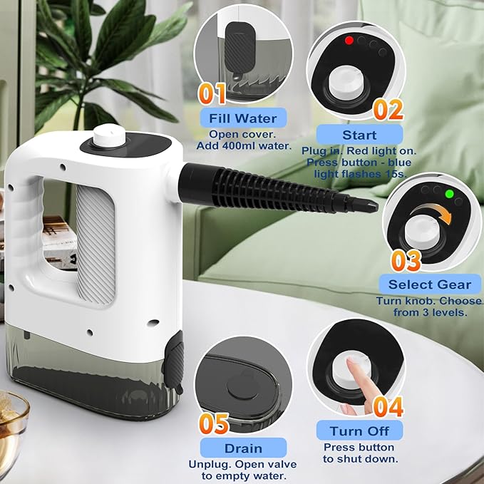 Steam Cleaner 3-Level Adjustable Handheld Steam Cleaner 15s Heat-Up 400ML Large Capacity Steamer Cleaning with 14 pcs Accessories Portable Steam Cleaner for Home for Dirt Grease TileFloor Car