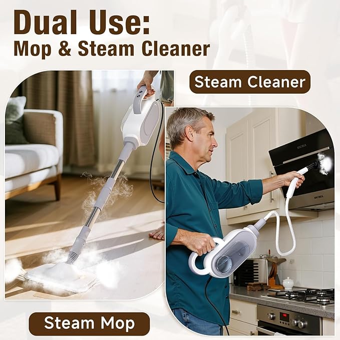 Steam Mop 13-in-1 Powerful Handheld Steam Cleaner with 14 Accessories 16.9OZ Removable Tank &amp 23FT Power Cord Detachable Steam Mops for Floor Cleaning Tiles Windows Carpets