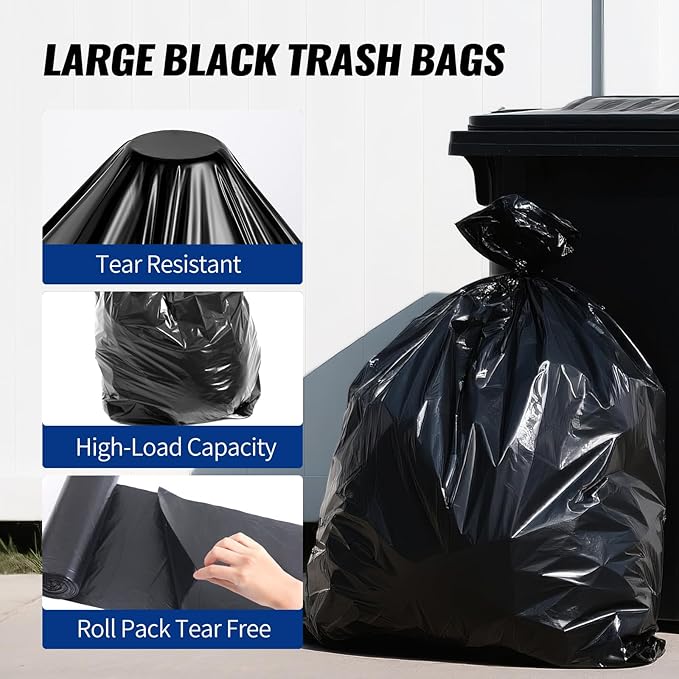 120 Count 55-60 Gallon Trash Bags Tear-Free Large Black Garbage Bags for Kitchen Office Outdoor Commercial Use Lawn and Leaf Bags Lightweight 17 Micron Design for Daily Dry Waste