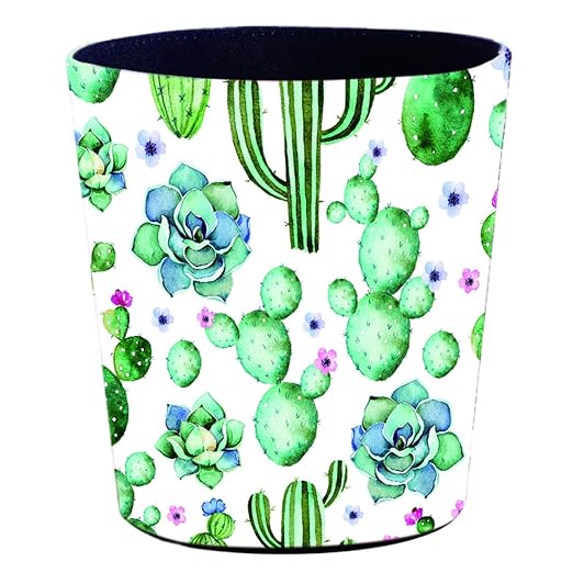10L/2.64 Gallon PU Leather Trash Can Decorative Waterproof Wastebasket Dustbin Garbage Bin for Home Office Bathroom - Cactus B