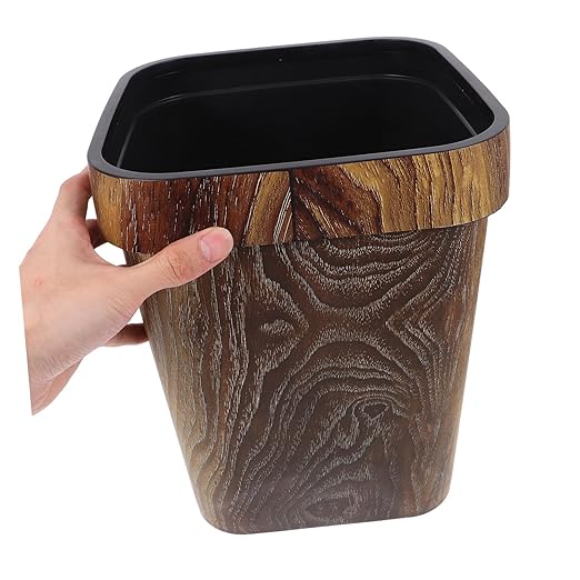 Square Plastic Wastebasket with Faux Wood Grain Finish Lidless Capacity Trash Bin for Home Office Easy to Clean Stylish Farmhouse Rubbish Can